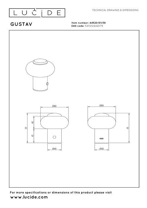 Lucide GUSTAV - Lampe de table Rechargeable - Batterie/Piles - Ø 8 cm - LED Dim. - 1x0,8W 2700K - Crème | Essential - technique